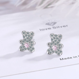 Cute Bear Stud Earrings With Silver Earring Post Copper Pink Heart Zircon Pave Rhinestone Animal Jewelry For Women