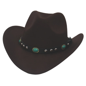 Detail of dark brown felt cowboy hat featuring leather band with turquoise and silver studs