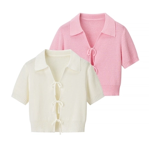 Short sleeve knit cardigan with bow ties in white and pink, cropped slim fit style