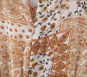 Close-up detail of invisible zipper on bohemian floral chiffon dress back
