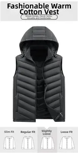 Dettaglio del gilet nero con cappuccio, doppia cerniera e tessuto antivento