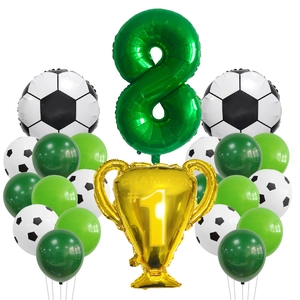 Detailed set of football birthday party balloons including gold champion trophy and green number 8