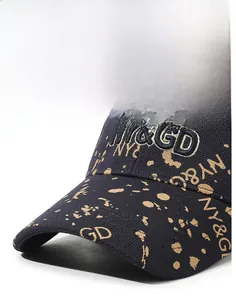 Detail of NY&GD 3D embroidery and brown splash art pattern on canvas baseball cap