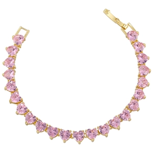 Detail of gold bracelet featuring pink heart-shaped gemstones and sparkling micro-inlays