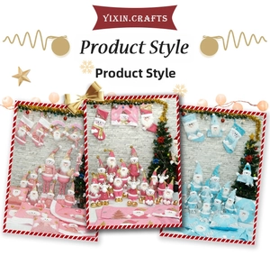 Collage of Santa, snowman, and reindeer plush dolls with matching tree skirts and stockings