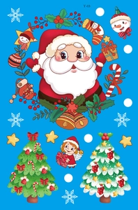 Close-up of Christmas window stickers featuring Santa, Xmas tree, and holiday icons