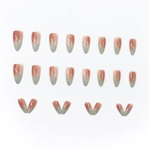 Gradient pink-green almond fake nails with silver geometric wave lines 24pcs set