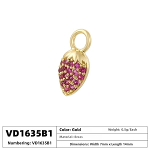 Detail of red cubic zirconia strawberry pendant in brass with 14mm size and 0.5g weight