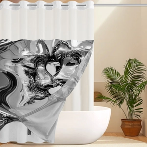 Detail of 3D liquid metal abstract art print on waterproof fabric shower curtain