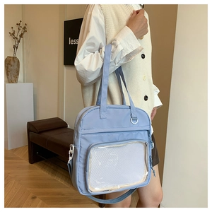 Detailed view of light blue ita bag with transparent window and white mesh liner