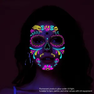 Tatouages de visage néon pour Halloween et Jour des Morts avec motifs de fleurs et araignées