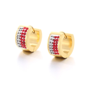 Minimalist stainless steel hoop earrings with gold frame and red crystal rhinestone paving