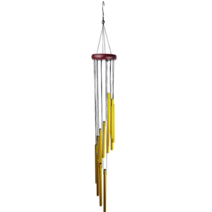 Detailed view of 12 golden aluminum tubes arranged in a spiral on a hanging wind chime