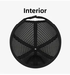 Interior view of black mesh hip-hop cap showing six-panel stitching and adjustable strap