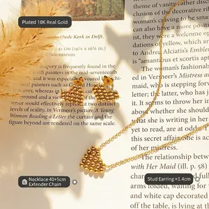 18K gold plated heart necklace and earrings set with beaded texture on vintage book