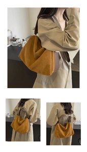 Three-way view of caramel suede pillow bag on khaki trench coat model with wide strap