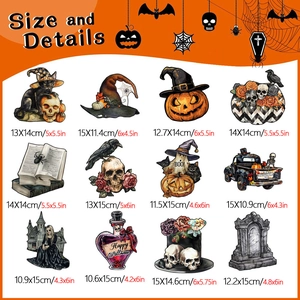 Detailed size chart for 12 Halloween skull gnome magnetic decals with exact measurements
