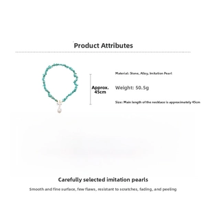 Detailed specs of baroque pearl necklace with turquoise beads and golden OT toggle clasp