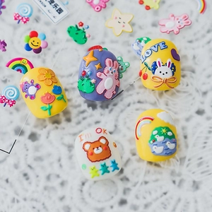 3D embossed 5D nail art stickers with cute bear, rabbit and rainbow patterns