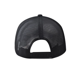 Detail of black trucker hat rear with breathable mesh and adjustable plastic strap
