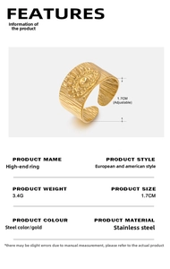 Détail de bague ajustable en acier inoxydable avec dimensions et poids de 3,4 grammes