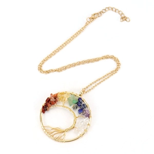 Golden tree of life pendant necklace with colorful natural crystal stones on white background