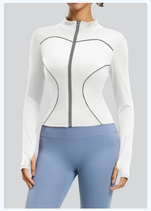 Detail of white slim-fit sports jacket featuring grey contrast zipper and thumbhole cuffs
