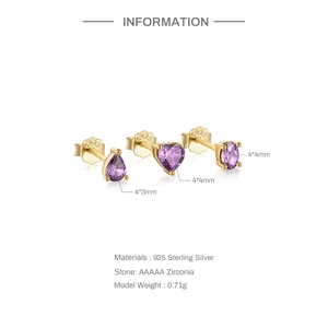 Detail view of S925 sterling silver purple zirconia studs showing sizes and S925 hallmark