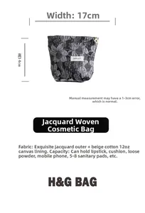 Détail de la pochette florale en jacquard gris avec dimensions 17x14cm et doublure en coton