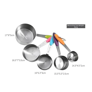 Detailed set of 5 stainless steel measuring cups with colorful non-slip silicone handles