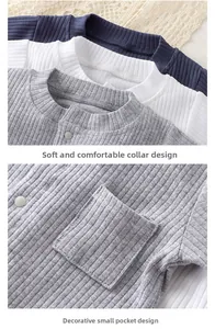 Detail of infant ribbed cotton bodysuit showing neckline with snap buttons and small pocket