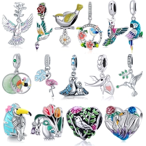Bird Charms 925 Sterling Silver Enamel Zircon Nature Parrot Hummingbird For DIY Bracelet Making Jewelry