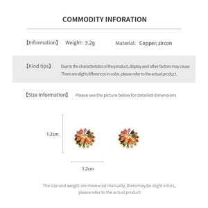 Detailed product size chart showing 1.2cm floral zircon stud earrings in copper