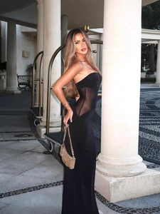 Strapless Maxi Dress Polyester Mesh Patchwork See Through Bodycon Party Evening Sexy Nightwear For Women