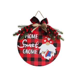 Wooden gnome door hanger with red buffalo plaid, American flag star and white berries