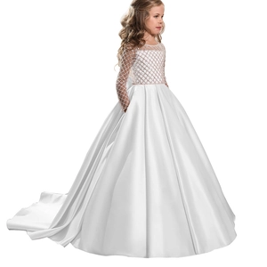 Robe de princesse blanche à manches longues pour filles avec corsage à paillettes et traîne