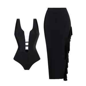 Detail of black deep V-neck swimsuit with ladder cut-outs and ruffled high-waist maxi skirt