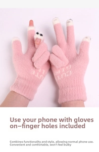 Pink plush touch screen gloves with finger openings and Cute Girl text detail