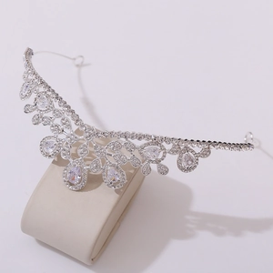 Close-up of bridal crown featuring pear-cut zircon crystals on silver alloy setting