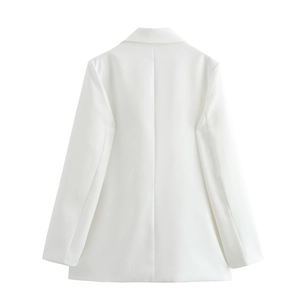 Back view of a white slim fit blazer for women featuring a minimalist 3D flower accent