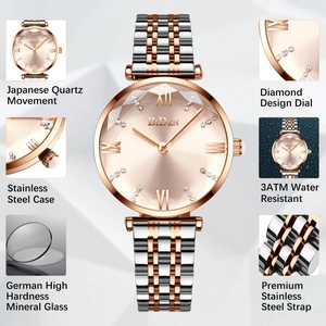 Detail view of quartz watch featuring roman numerals, mineral glass and waterproof casing