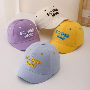 Kids cotton baseball cap with embroidered smiley face and letters in four colors