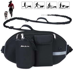 Detail view of black nylon running waist bag with elastic leash for dog walking