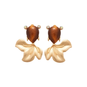 Golden resin goldfish earrings with iridescent gemstones and textured fins for women