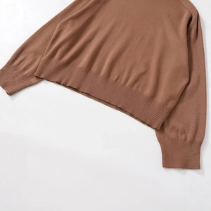 Brown long sleeve knit sweater with ribbed high neck and cuffs on white background