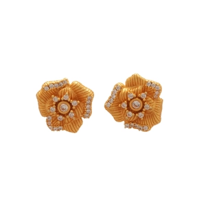 Elegant 24K gold plated flower stud earrings with zircon stones on white background
