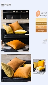 Detailed texture of soft yellow velvet cushion covers on a modern black leather sofa