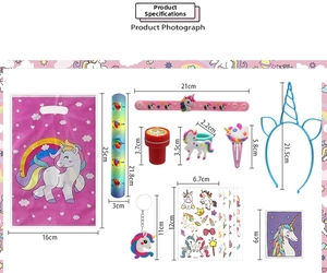 Detailed dimension guide for unicorn party favors including bags hairbands and slap rings