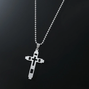 Polished silver stainless steel cross pendant with layered design on a bead chain