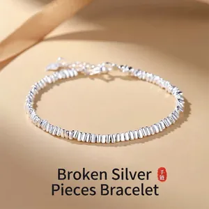 Minimalist S999 sterling silver bracelet with irregular silver nuggets for women